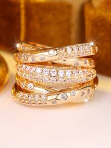 1pc Fashion Unique Women's Wide Cubic Zirconia Ring Set, Women's Jewelry, Wedding Ring, Valentine's Day Gift - Yellow Gold - View 3