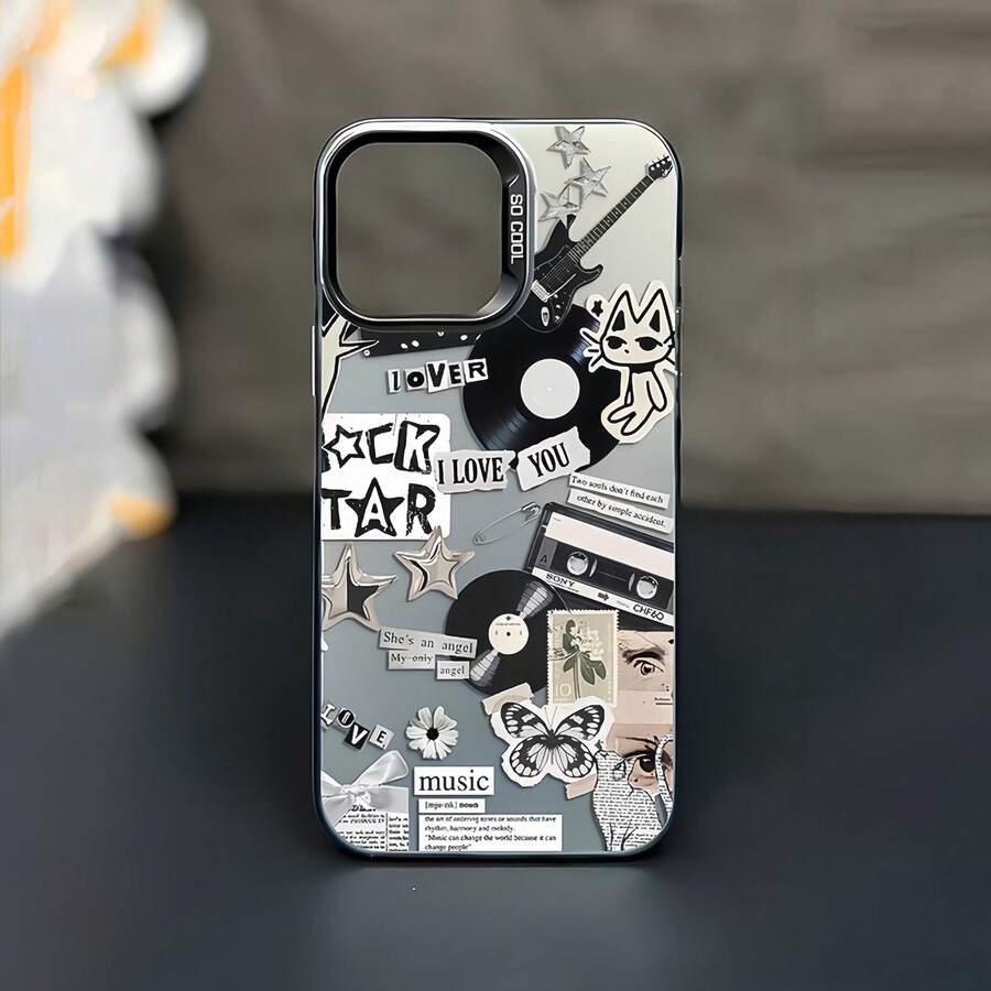 1pc Black Matte Laser Energy Shell Personalized Vinyl Rock Music Fragment Pattern Phone Case Compatible With IPhone 16 Pro Max/17/16/15/14 Plus/13/12/11 Protective Case Air Compatible With Samsung Series - Multicolor - View 1