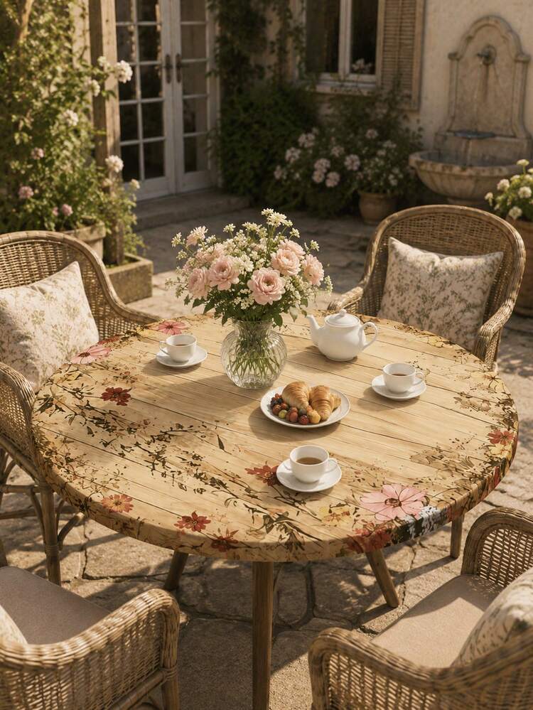 1pc-Vintage Wood Grain Floral Round Elastic Fitted Table Cover, Stretch Polyester Tablecloth With Elastic Edge, Snug Fit Washable Table Cover For Patio Garden Kitchen Dining, Tea Party, Picnic, Indoor Outdoor Decor - Multicolor - View 12