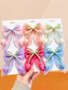 6/1pc/Set Tulip Bow Hair Clip Combination, Gradient Soft Mist Color Series + 3D Tulip Design - Suitable For Women And Girls, Fits Different Hairstyles / Outfits, Daily / Date / Travel - Multicolor - View 1