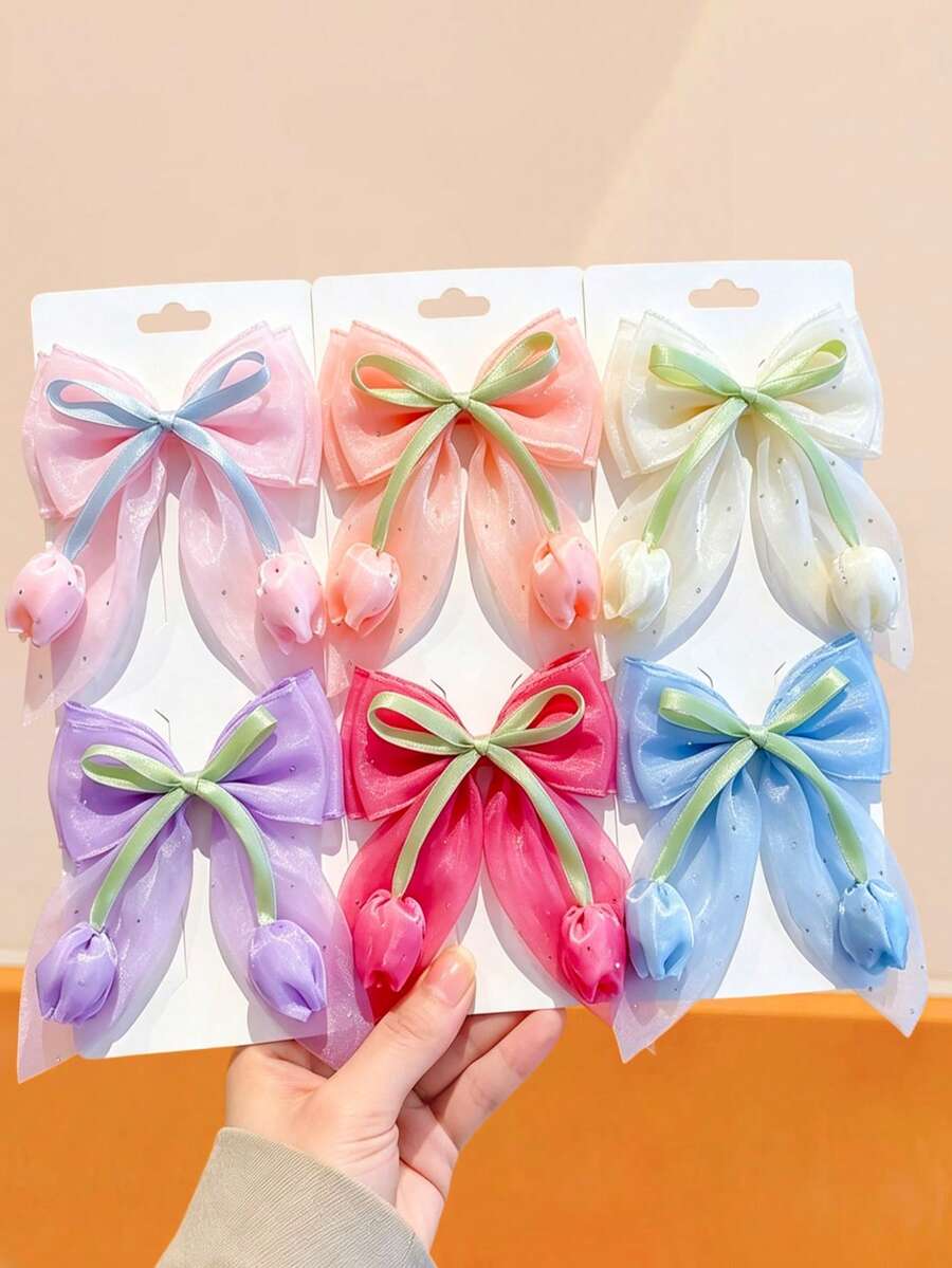 6/1pc/Set Tulip Bow Hair Clip Combination, Gradient Soft Mist Color Series + 3D Tulip Design - Suitable For Women And Girls, Fits Different Hairstyles / Outfits, Daily / Date / Travel - Multicolor - View 1