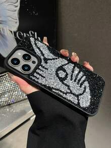 1 pieza Funda de teléfono 2 en 1 con cabeza de gato plateada, tacto de piel, con strass, a prueba de golpes, compatible con 15promax/17promax - Plateado - Ver 5