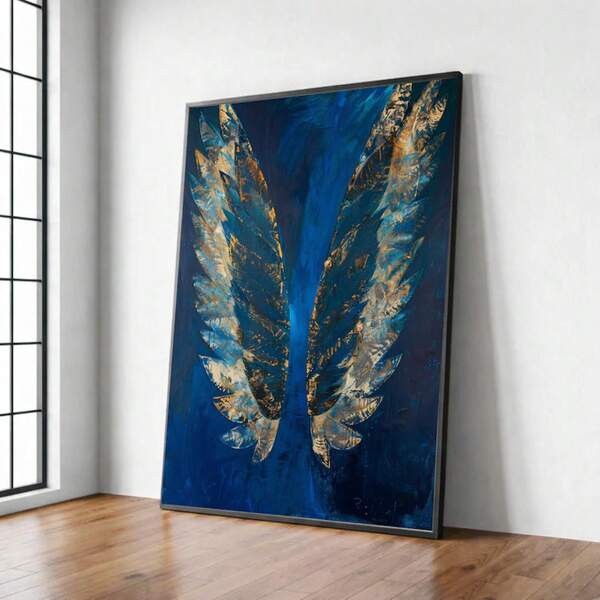 Blue Gold Angel Wings Abstract Canvas Art, Feather Painting, Spiritual Home Decorfor Living Room Bedroom Office Bar Bathroom Home Decor, Perfect Festival Gift For Friends.