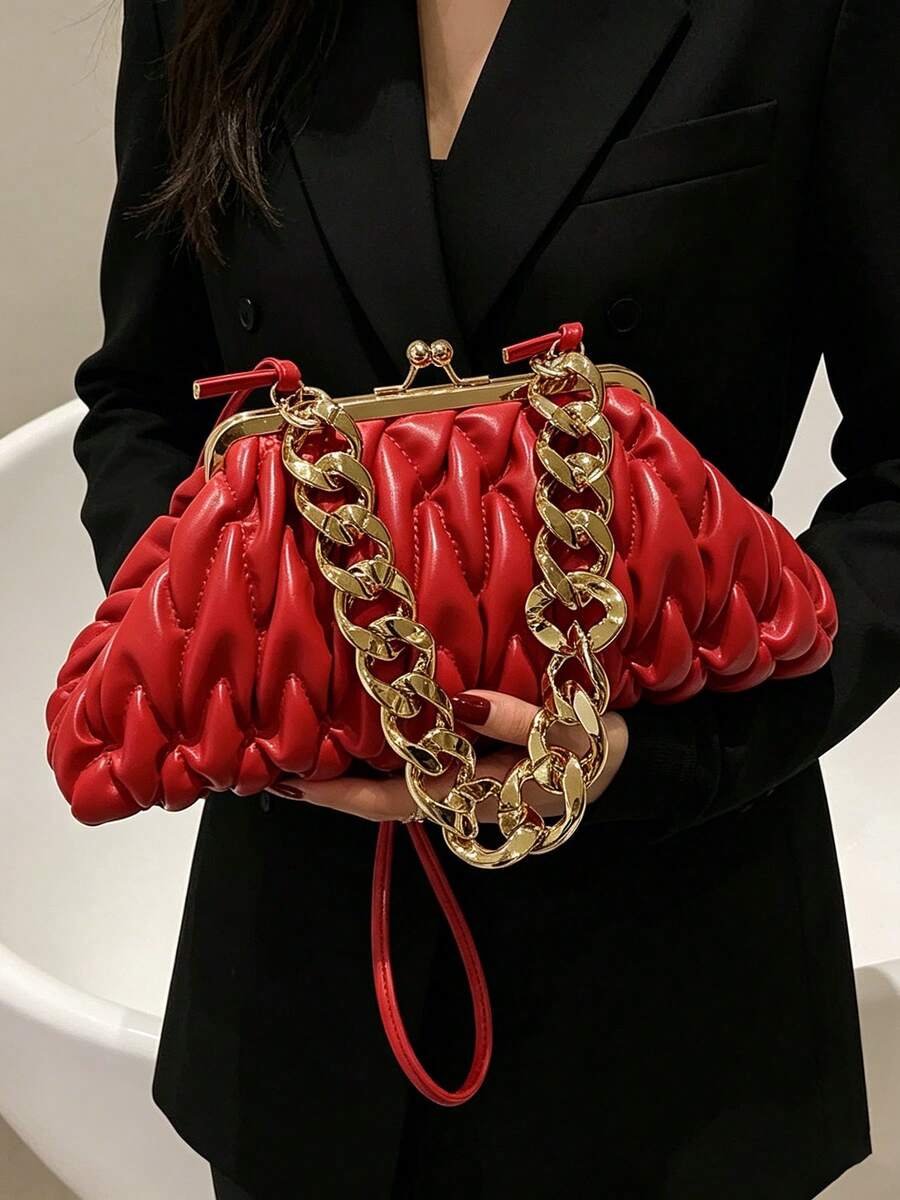 1pc Red Fashion Pleated Clasp Evening Bag Handbag Chain Crossbody Shoulder Bag For Women