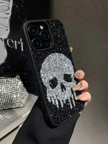 1pc Silver Ghost Face Skin-Feel Rhinestone Shockproof 2-In-1 Phone Case Compatible With 15promax/17promax - Silver - View 2