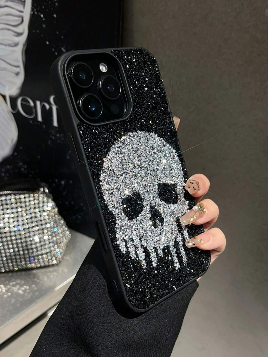 1pc Silver Ghost Face Skin-Feel Rhinestone Shockproof 2-In-1 Phone Case Compatible With 15promax/17promax