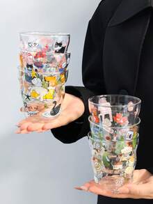 1個春季小/大號玻璃杯，韓系可愛Ins風高溫烘花手持玻璃杯，貓/狗/多色圖案，適合夏季冷萃、抹茶椰奶 - 彩色 - 查看 3