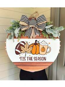 3D Rustic Wooden Autumn Football Season & Halloween Door Hanging Round Wreath Sign, Autumn Decor, Perfect For Porch Decoration, Home Indoor Seasonal Decor, Holiday Decor Wreath, Perfect Autumn Home Decor - Multicolor - View 5