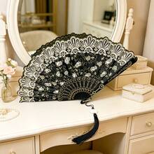 An Elegant Lace Hand Fan, With A Retro Style And Fringes, Suitable For Brides, Graduation Dances And Special Events - Small Rose Folding Fan - View 7