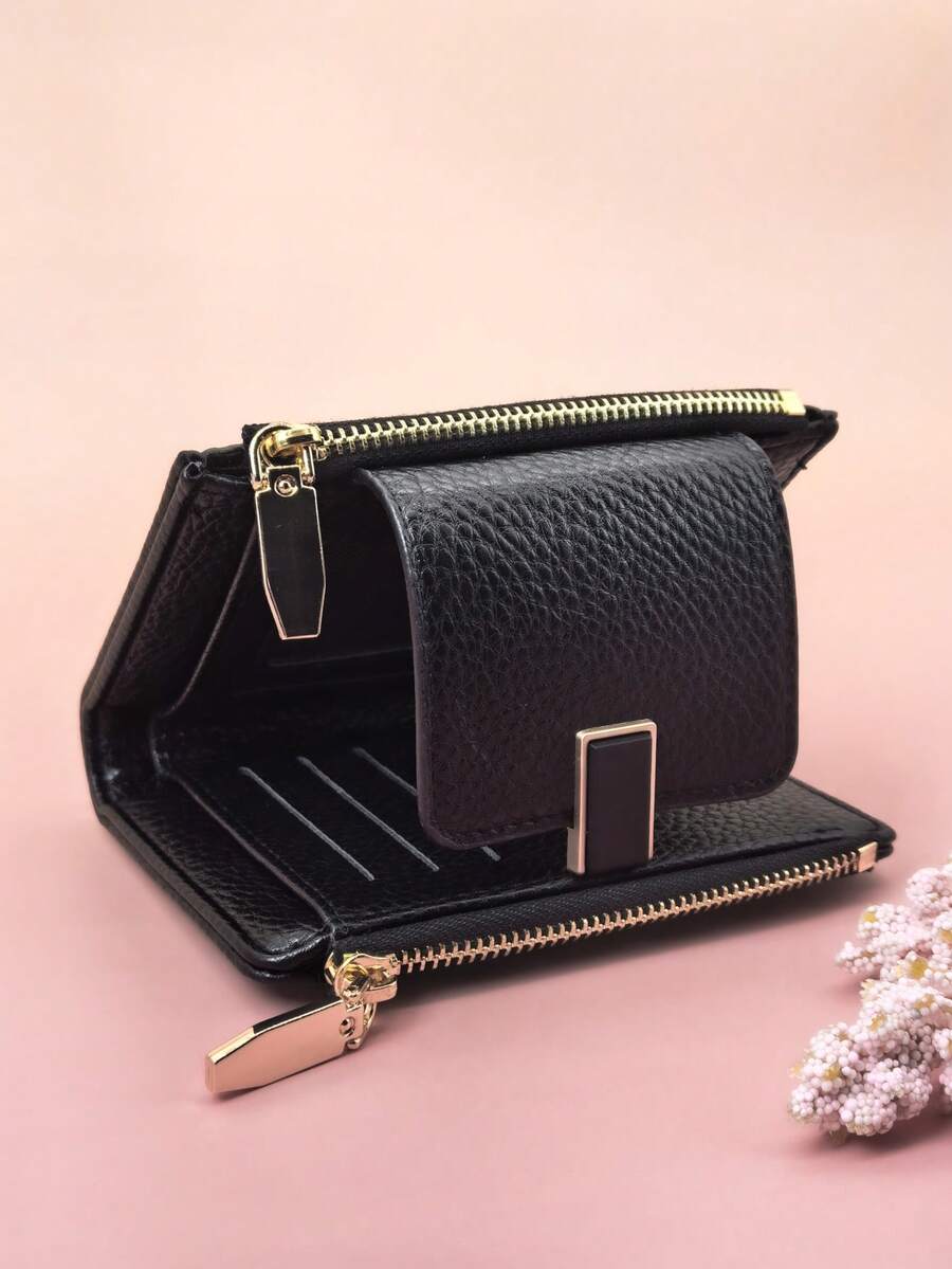Dompet Pendek Wanita Baru dengan Gesper, Dompet Koin dan Kartu dengan Resleting Ganda PU Lembut yang Indah, Minimalis, Modis, dan Ringan - Hitam - View 1