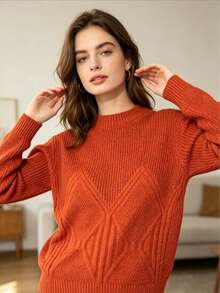Women's Rib-Knit Long Sleeve Round Neck Sweater, perfect for Fall and Winter, features a regular cable knitted detail for a cozy and stylish look. - Laranja - Visão 1