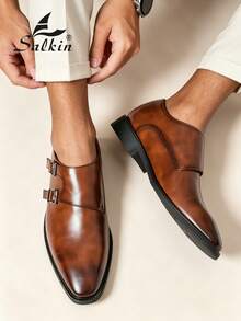 Salkin Mocasines con hebilla vintage para hombre, puntera puntiaguda y sin cordones, zapatos formales elegantes para caballero, adecuados para hombres de mediana edad, jóvenes, estudiantes, vuelta al colegio, ceremonia de graduación, oficina, negocios, fiesta, boda, novio, primavera/verano/otoño, tallas grandes - Marrón - Ver 10