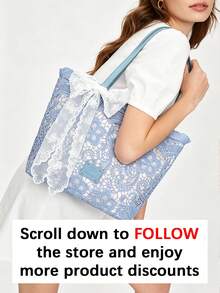 Bolso tote de encaje calado gran capacidad asa de piel regulable lazo de encaje desmontable varios colores mujer diario playa viaje vacaciones regalo - Gris Claro - Ver 3