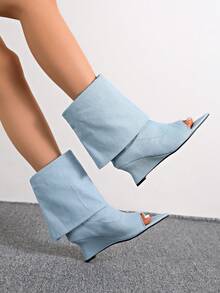 2026 New Kitten Heel Pleated Long Slouch Boots Pointed Toe Over-The-Knee High Shaft Boots Retro Wide Leg Rider Boots - Baby Blue - View 4