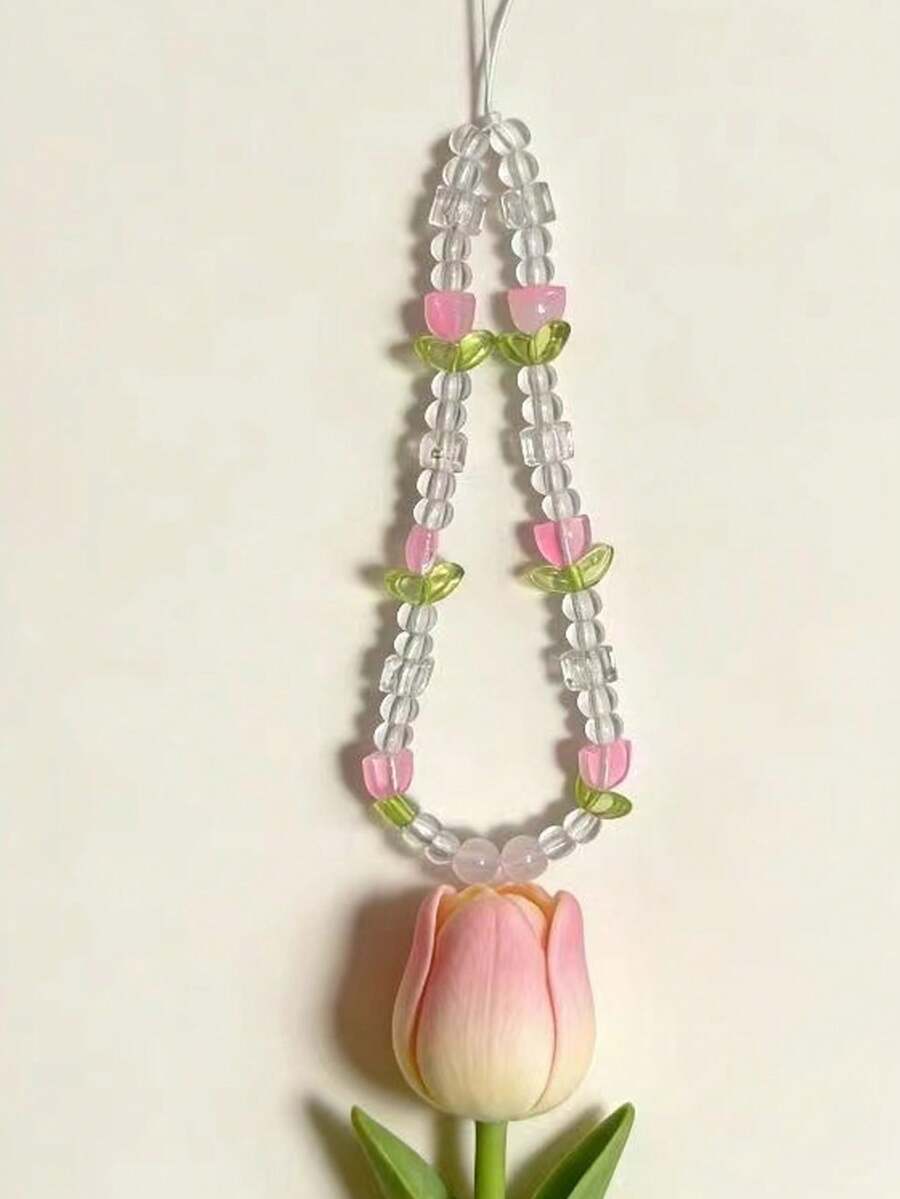 1 Set Pink And White Hyacinth Beaded Phone Charm, Handmade Floral Lanyard, Creative DIY CCD Camera Crystal Strap Backpack Charm, Anti-Loss Accessory, Suitable As Birthday Or Holiday Gift For Mother, Family, Friends, Phone Charm, Phone Chain - Multicolor - View 1