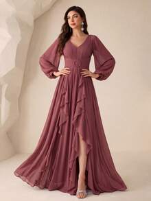 SUPGIR V-Neck Chiffon Lantern Sleeve Dress With Pleated Chest And Waist Trim, Floral Decor And Flared Skirt - Redwood - View 3