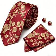 Men Tie Sets Classic Fashion Necktie Set With Cufflink For Business Party - Red Gold - View 2