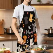 Cute Dog Print Kitchen Apron, Black Polyester Apron With "I Love Dogs" And Paw Print, Suitable For Dog Lovers Cooking Apron, Applicable For Home And BBQ - Multicolor - View 9