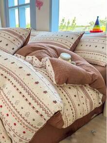 Bao Fu Mian Puff Gauze 3 Pieces Duvet Cover Set (1 Duvet Cover + 2 Pillowcases, Duvet Insert And Pillow Insert Not Included), Bedding Set, Girly Princess Style Bedroom Atmosphere, Comfortable Soft Breathable Fluffy Versatile, Machine Washable For All Seasons - Brown - View 3