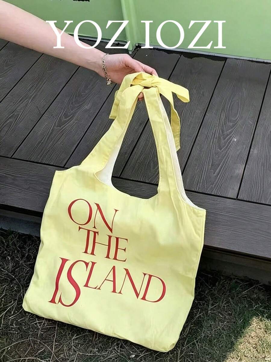 Japanese & Korean Style Niche Design Ins Slouchy Tote Bag, Large Capacity Shoulder Underarm Tote Bag, Letter Print Versatile Shopping Bag - Yellow - View 1