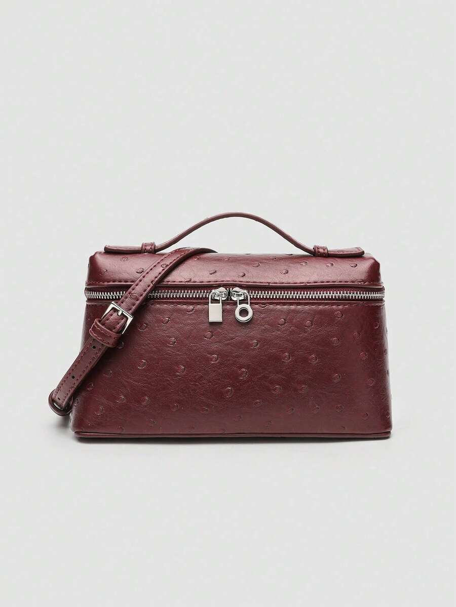 1 pieza de bolso bandolera cuadrado de PU con relieve de avestruz en color sólido, adecuado para la moda diaria de mujeres, salidas, compras, fiestas, bolso elegante para mujer, bolso de man - borgoña - Ver 1