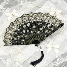 An Elegant Lace Hand Fan, With A Retro Style And Fringes, Suitable For Brides, Graduation Dances And Special Events - Small Rose Folding Fan - View 3