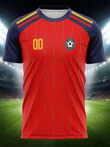 2026 Spanish Style Red Customized Football Jersey, Navy Raglan Sleeves, Vertical Gold Pinstripes, Personalized Name Number Team Logo, Match Football Jersey, Sports Training Jersey, Quick-Dry Material Comfortable Breathable Suitable For Team Matches, Training, Sports, Home Leisure, Game Support, Holiday Gifts, Spring/Summer Season Fashion Forward - Multicolor - View 3
