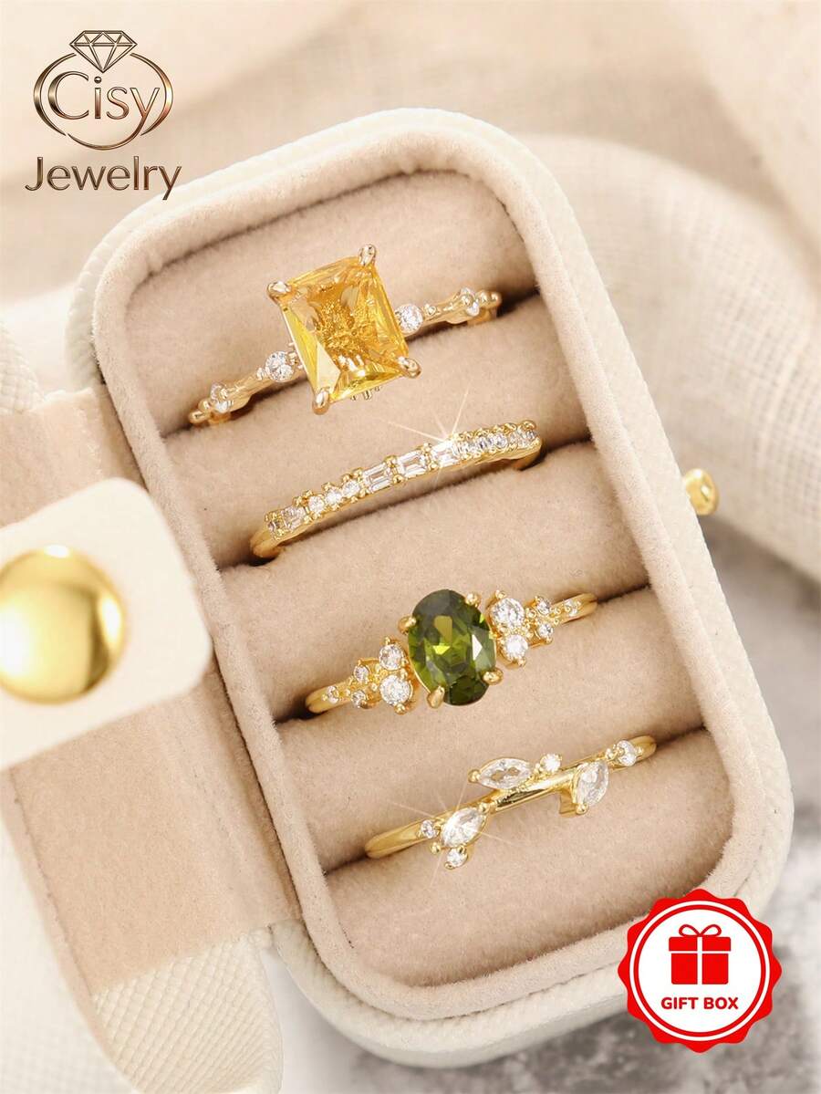 4件精緻立方氧化鋯戒指,附贈禮盒,適合女性婚禮、訂婚、週年紀念、派對穿著、情人節禮物 - 1# - 查看 1