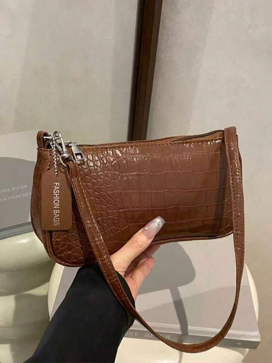 鱷魚壓紋韓系女款手提包,時尚新款單肩包,極簡半月形托特包,上班通勤 - 棕色 - 查看 1