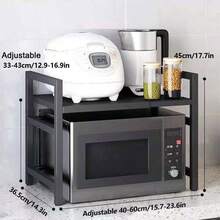 Black 2 Tier Expandable Microwave Oven Rack Stand Kitchen Corner Shelf Desktop Printer Air Fryer Storage Organiser - Black - View 8
