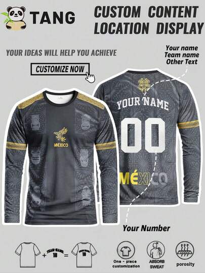 Camiseta de fútbol de manga larga estilo México personalizada para hombres con nombre & número personalizados, sudadera deportiva de cuello redondo para entrenamiento de fútbol, uso casual, gimnasio y equipo de entrenamiento atlético
