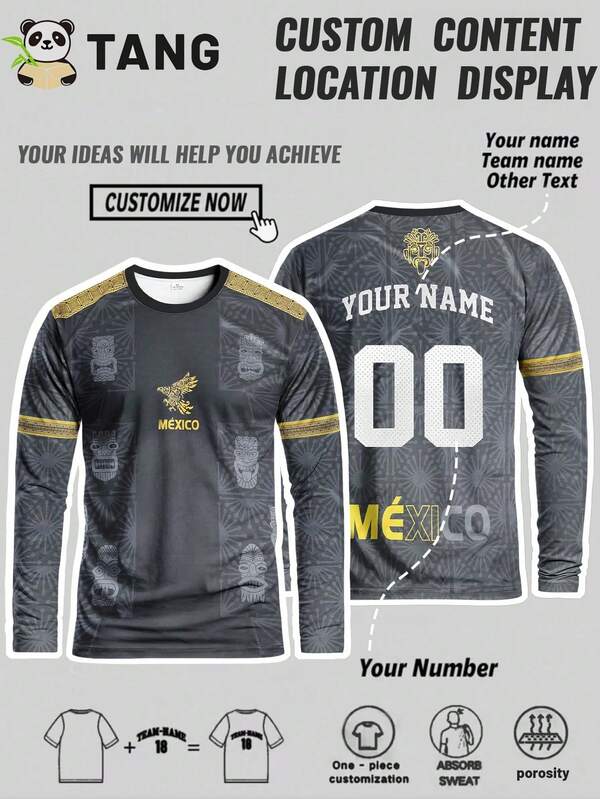 Camiseta de fútbol de manga larga estilo México personalizada para hombres con nombre & número personalizados, sudadera deportiva de cuello redondo para entrenamiento de fútbol, uso casual, gimnasio y equipo de entrenamiento atlético