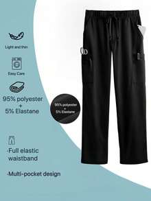 Pantalones de hombre unicolor con cordón y cintura elástica mate, pantalones mate con múltiples bolsillos elásticos - Negro - Ver 1
