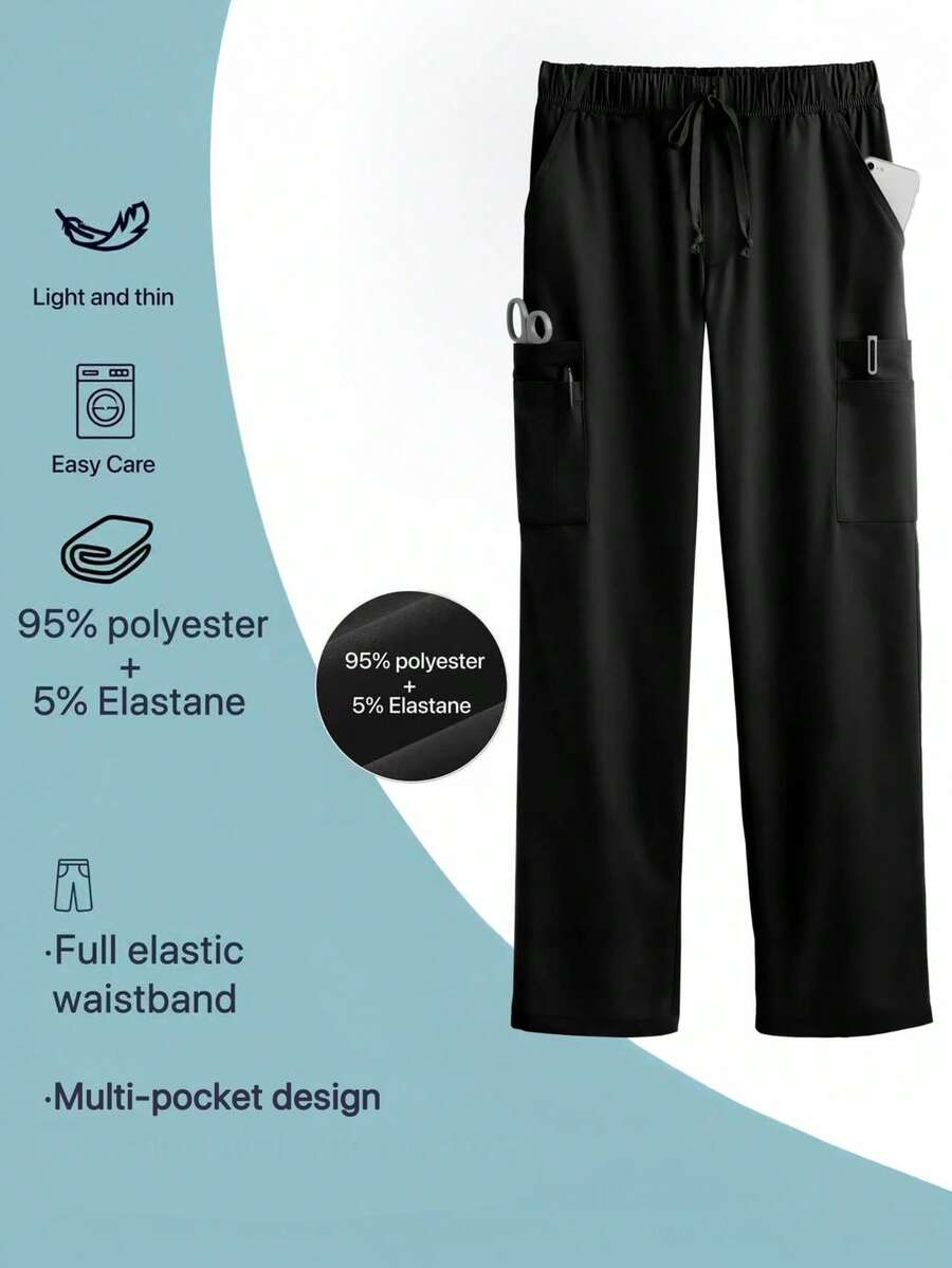 Pantalones de hombre unicolor con cordón y cintura elástica mate, pantalones mate con múltiples bolsillos elásticos - Negro - Ver 1