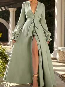 Elegant Bohemian Style Deep V-Neck Long Sleeve A-Line Maxi Dress With Belt And Slit, Perfect For Fashionable Formal Occasions - Green - View 2
