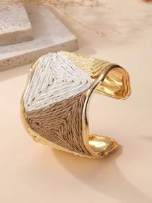 1pc Fashion Bohemian Vintage Handmade Triangle Pattern Color-Block Woven Adjustable Open Cuff Wide Bangle Bracelet For Women, Textured Niche Unique Design, Vacation Accessory Suitable For Holiday, Party, Market And Daily Wear - Multicolor - View 4