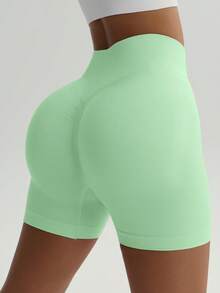High Waist Slimming Shorts, Hidden Lift Skinny Pants, Curved Cycling Shorts, Spring/Summer - Green - View 6