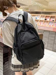 2026新款時尚大容量校園大學生後背包戶外運動格紋百搭書包 - 黑色 - 查看 3