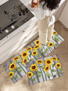 1pc Wood Grain Sunflower Kitchen Rug And Floor Mat, Sunflower Kitchen Mat And Gray Wood Grain Floor Carpet, Can Be Placed In Front Of The Sink, Used For Standing Kitchen Decor - Multicolor - View 5
