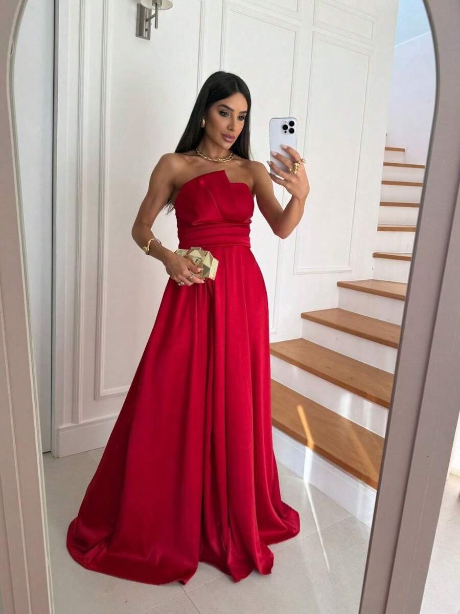 Elegant Women's Long Strapless Dress, A-Line Silhouette, With Draping At The Waist, Ideal For Prom Or Parties. - 紅色 - 查看 1