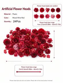 MEHELANY 148/48/24件紅色混色大麗花、玫瑰、雛菊人造花組合，小絲綢雛菊花頭，適用於居家婚禮派對裝飾、DIY花環/花串裝飾、客廳桌面蛋糕裝飾，適合女性/女孩/妻子DIY手工禮物 - 紅色 - 查看 7