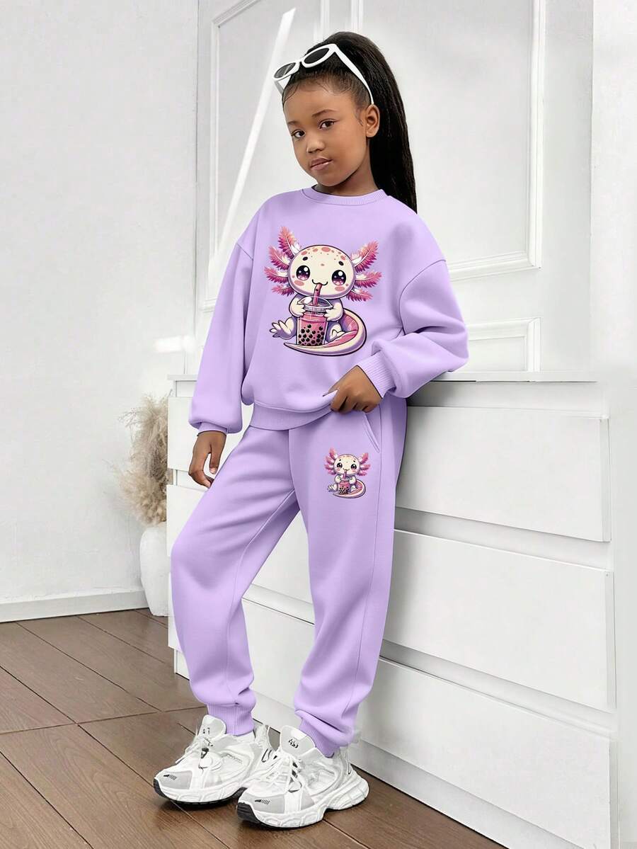 2pcs Tween Girls Set Crew Neck Sweatshirt With Cartoon Dinosaurs Print And A Pair Of Simple Sweatpants, Autumn And Winter Outfit Daily Wear Casual Set - Mauve Purple - View 1