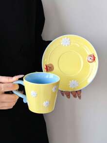 1 Set Dopamine Relief Hand-Painted Ceramic Coffee Cup & Saucer, Korean Cute Ins Style Niche Design Coffee Cup, Paired With Cartoon Bear & Flower Pattern Saucer, Girly Personalized Cup, Perfect For Coffee & Afternoon Tea, Gift - Multicolor - View 3