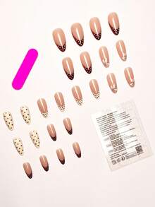 Change Your Nails With This, 24pcs/Set Medium Long Almond Shape Minimalist Yellow French Polka Dot Flower Full Coverage Press-On Fake Nails, Includes 1pc Jelly Glue And 1pc Nail File, Perfect For All Women/Girls Daily Commute, Afternoon Tea, Ball Party Nail Art - Multicolor - View 3