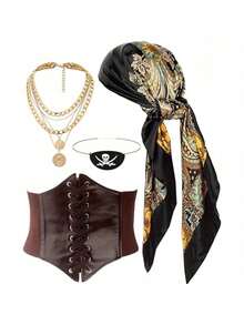 Kit de déguisement pirate pour adulte 4 pièces, accessoires avec logo Jolly Roger et collier à accents dorés, ensemble durable pour bal masqué & foire de la Renaissance - Multicolore - Voir 3