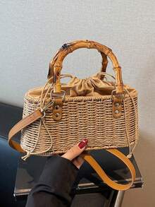 Minimalist Solid Color Straw Woven Bag, Niche Design Premium Texture Handbag, Versatile Popular Retro Crossbody Bag, Suitable For Vacation - Khaki - View 9