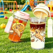 1 pieza/5pcs Taza de café de plástico de 500ml con lindo patrón de Golden Retriever de cumpleaños, con tapa abatible y correa. Sello a prueba de fugas, adecuado para café helado, té y bebidas frías. Un regalo dulce y divertido para amantes de los perros, dueños de mascotas y uso diario en el hogar, trabajo o al aire libre. - Cumpleaños de Golden Retriever multicolor - Ver 2