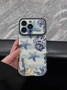 1pc New Creative Blue Striped & Starfish Shell Seahorse Pattern Phone Case Faux Leather Texture Shockproof Protective Cover Compatible With IPhone 17/17Pro/17ProMax/16/16Pro/16ProMax/16Plus/15/15Plus/15Pro/15ProMax/14/14Plus/14Pro/14ProMax/13/13Pro/13ProMax/12/12Pro/12ProMax/11/11ProMax, Anti-Shock Anti-Collision Soft Protective Case - Multicolor - View 1