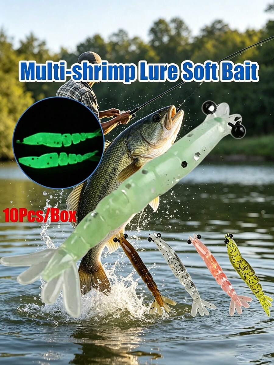 10pcs Glow Soft Elastic Shrimp Fishing Lures With Box, 40mm Silicone Realistic Bait With 3D Eyes, Suitable For Freshwater