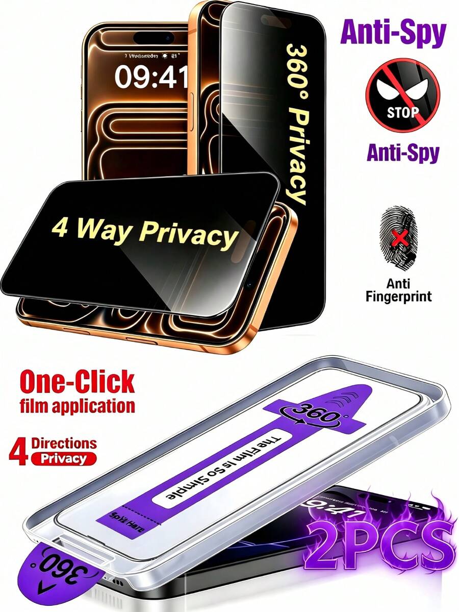 2pcs 360° Full Privacy Anti-Dust Glass Film For IPhone 17/17 Air/17 Pro Max/16 Pro Max/16 Pro/16 Plus/15/14/13/12/11 Auto-Installation 360° Privacy Screen Protector - Black - View 1